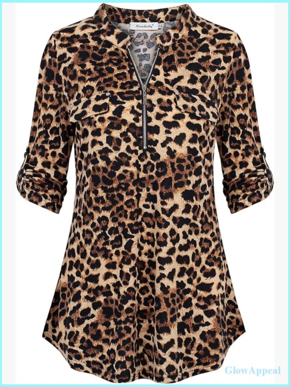 3/4 Sleeve Zip V-Neck Plaid Floral Tunic Blouse Top